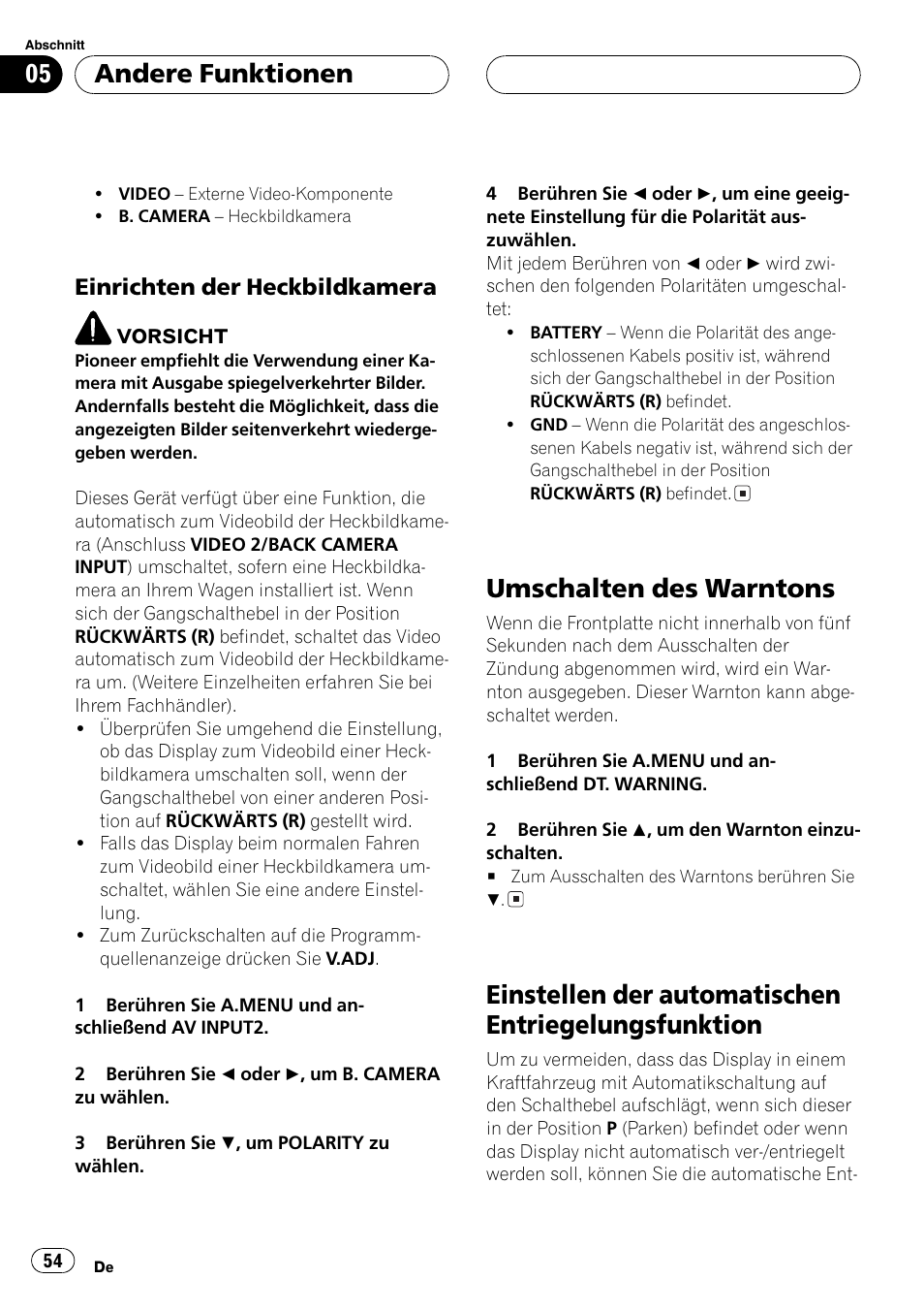 Umschalten des warntons 54, Einstellen der automatischen, Entriegelungsfunktion 54 | Umschalten des warntons, Einstellen der automatischen entriegelungsfunktion, Andere funktionen, Einrichten der heckbildkamera | Pioneer AVX-7600 User Manual | Page 54 / 120