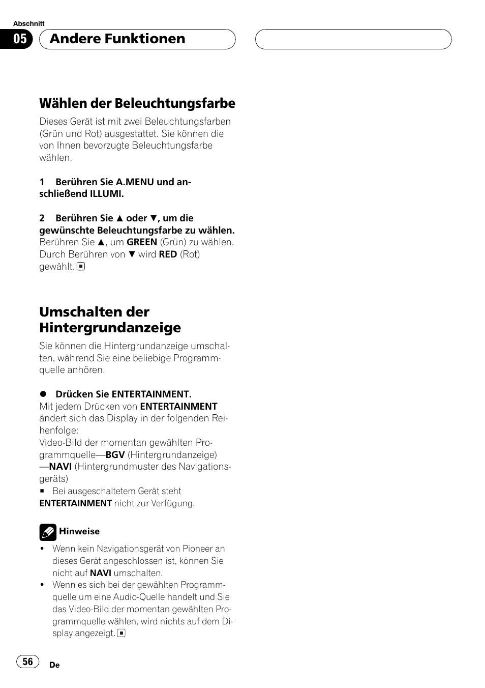 Wählen der beleuchtungsfarbe 56, Umschalten der hintergrundanzeige 56, Wählen der beleuchtungsfarbe | Umschalten der hintergrundanzeige, Andere funktionen | Pioneer AVX-7600 User Manual | Page 56 / 120