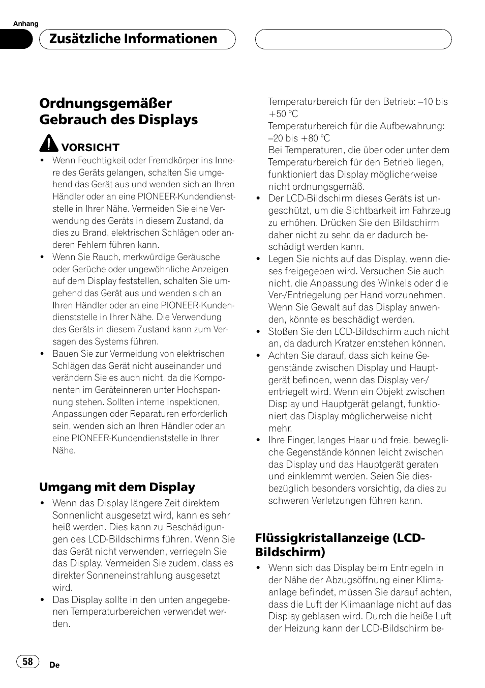 Ordnungsgemäßer gebrauch des, Displays 58, Ordnungsgemäßer gebrauchdes displays | Zusätzliche informationen, Umgang mit dem display, Flüssigkristallanzeige (lcd- bildschirm) | Pioneer AVX-7600 User Manual | Page 58 / 120