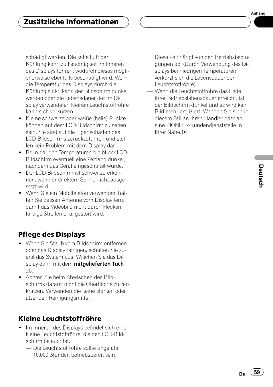 Zusätzliche informationen, Pflege des displays, Kleine leuchtstoffröhre | Pioneer AVX-7600 User Manual | Page 59 / 120