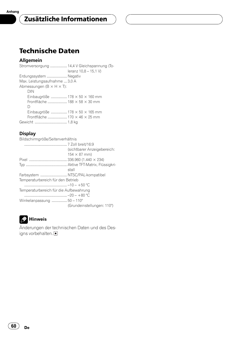 Technische daten 60, Technische daten, Zusätzliche informationen | Pioneer AVX-7600 User Manual | Page 60 / 120