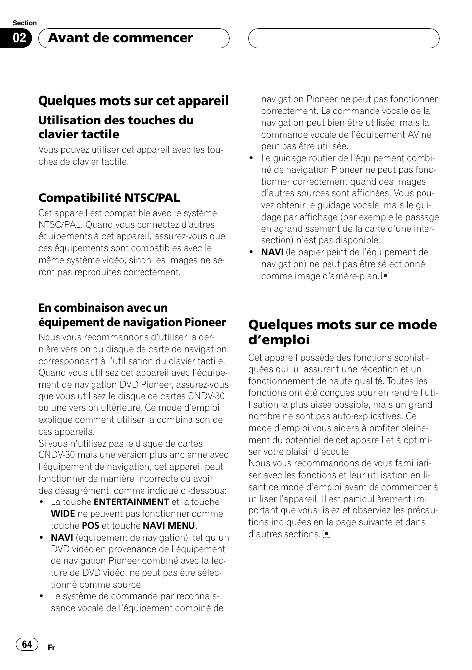Avant de commencer, Quelques mots sur cet appareil 64, Quelques mots sur ce mode demploi 64 | Quelques mots sur cet appareil, Quelques mots sur ce mode demploi | Pioneer AVX-7600 User Manual | Page 64 / 120