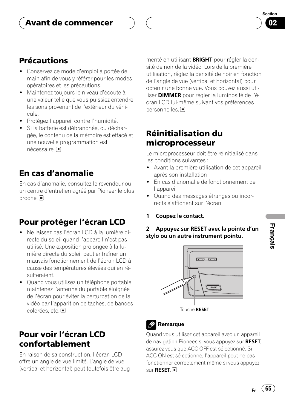 Précautions 65, En cas danomalie 65, Pour protéger lécran lcd 65 | Pour voir lécran lcd confortablement 65, Réinitialisation du microprocesseur 65, Précautions, En cas danomalie, Pour protéger lécran lcd, Pour voir lécran lcd confortablement, Réinitialisation du microprocesseur | Pioneer AVX-7600 User Manual | Page 65 / 120