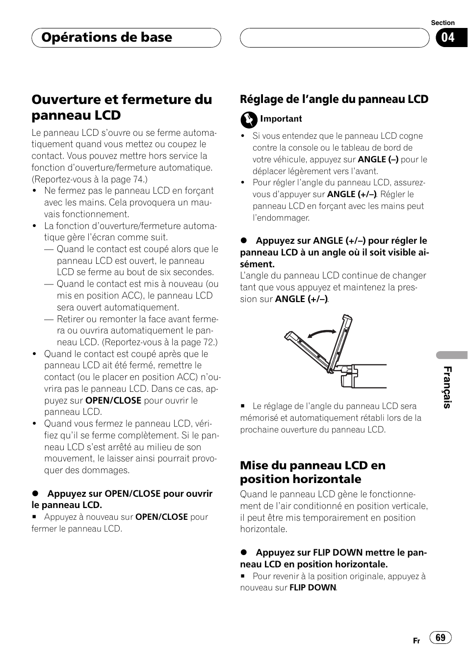 Ouverture et fermeture du panneau lcd 69, Ouverture et fermeture du panneau lcd, Opérations de base | Réglage de langle du panneau lcd, Mise du panneau lcd en position horizontale | Pioneer AVX-7600 User Manual | Page 69 / 120