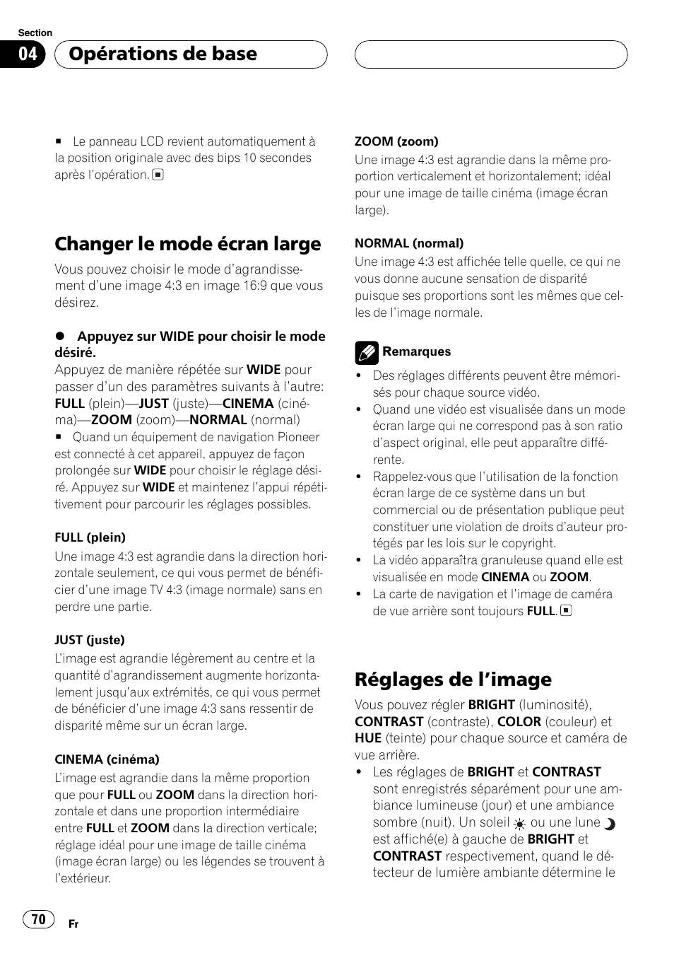 Changer le mode écran large 70, Réglages de limage 70, Changer le mode écran large | Réglages de limage, Opérations de base | Pioneer AVX-7600 User Manual | Page 70 / 120