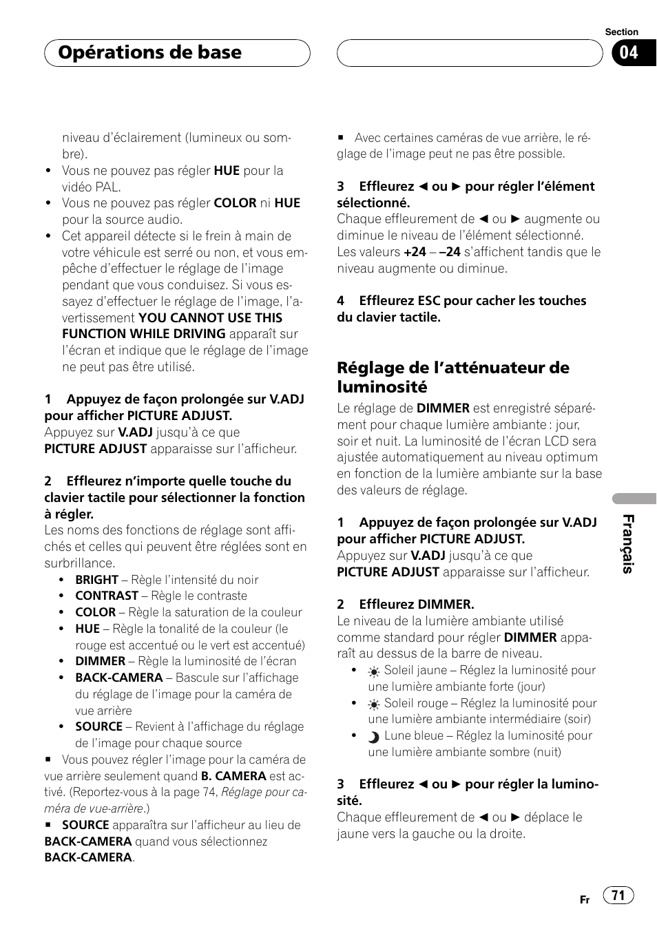 Opérations de base, Réglage de latténuateur de luminosité | Pioneer AVX-7600 User Manual | Page 71 / 120