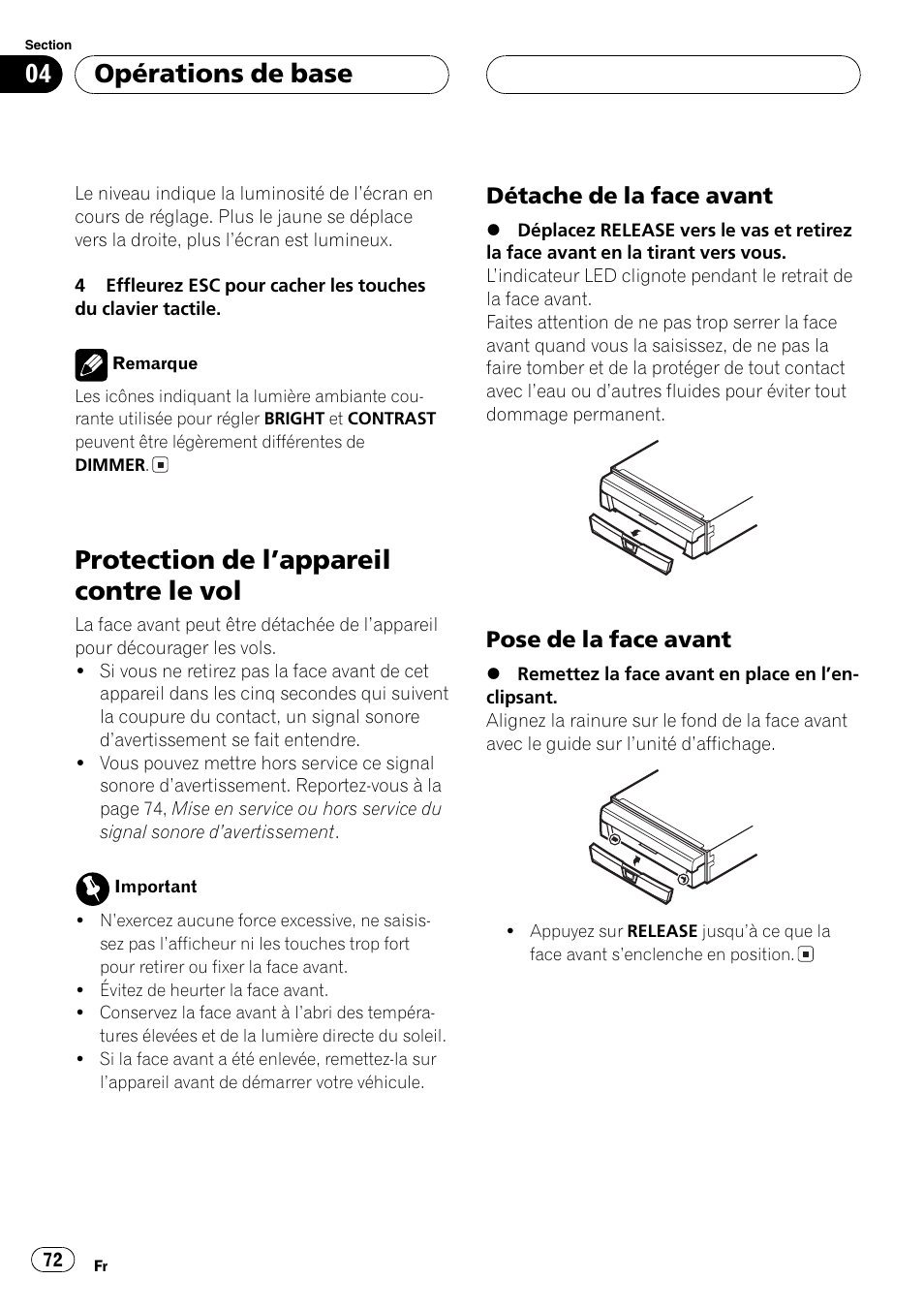 Protection de lappareil contre le vol 72, Protection de lappareil contre le vol, Opérations de base | Détache de la face avant, Pose de la face avant | Pioneer AVX-7600 User Manual | Page 72 / 120