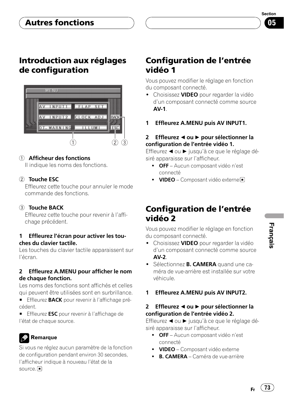Autres fonctions, Introduction aux réglages de, Configuration 73 | Configuration de lentrée vidéo 1 73, Configuration de lentrée vidéo 2 73, Introduction aux réglages de configuration, Configuration de lentrée vidéo 1, Configuration de lentrée vidéo 2 | Pioneer AVX-7600 User Manual | Page 73 / 120