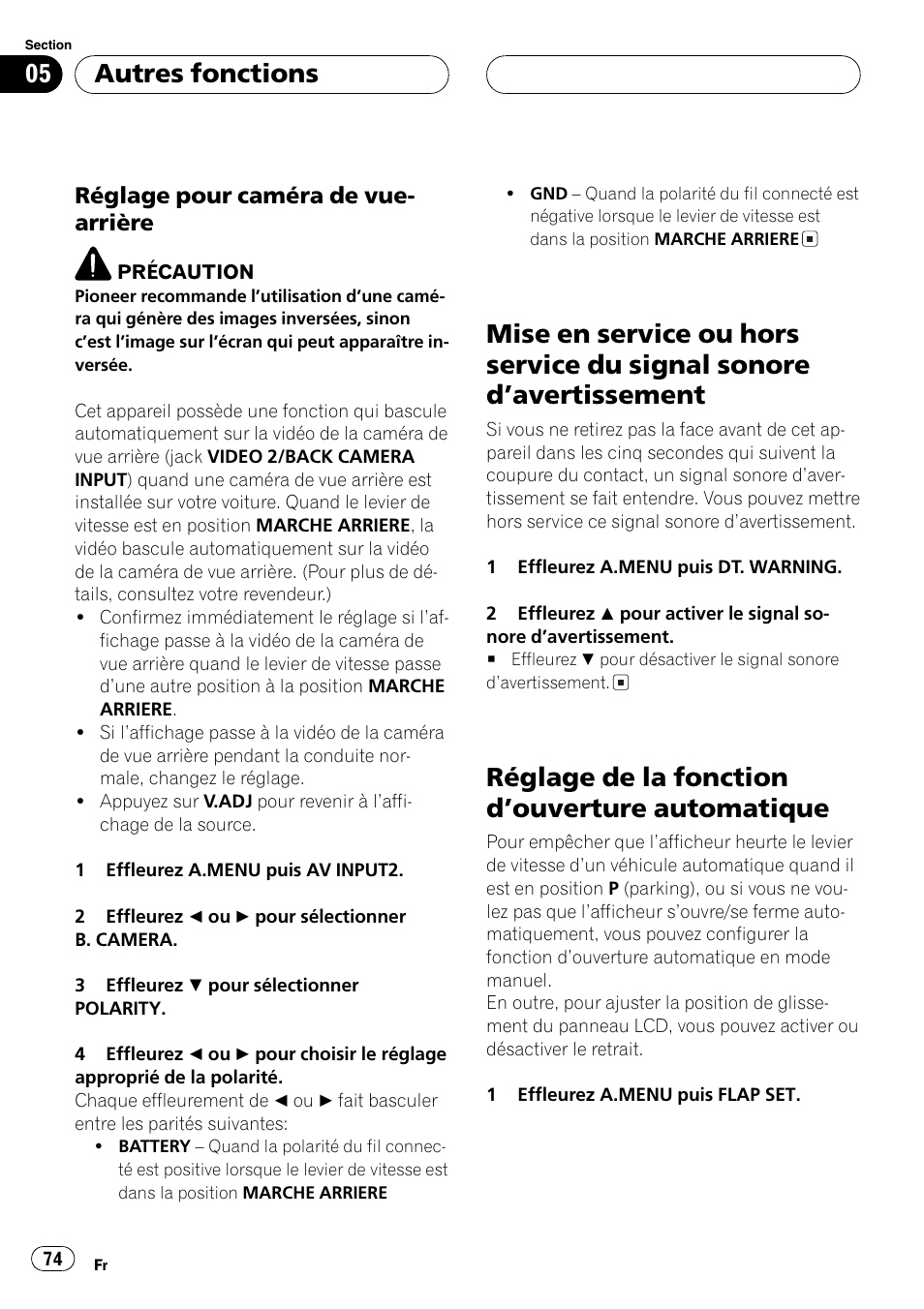 Mise en service ou hors service du signal, Sonore davertissement 74, Réglage de la fonction douverture | Automatique 74, Réglage de la fonction douverture automatique, Autres fonctions | Pioneer AVX-7600 User Manual | Page 74 / 120