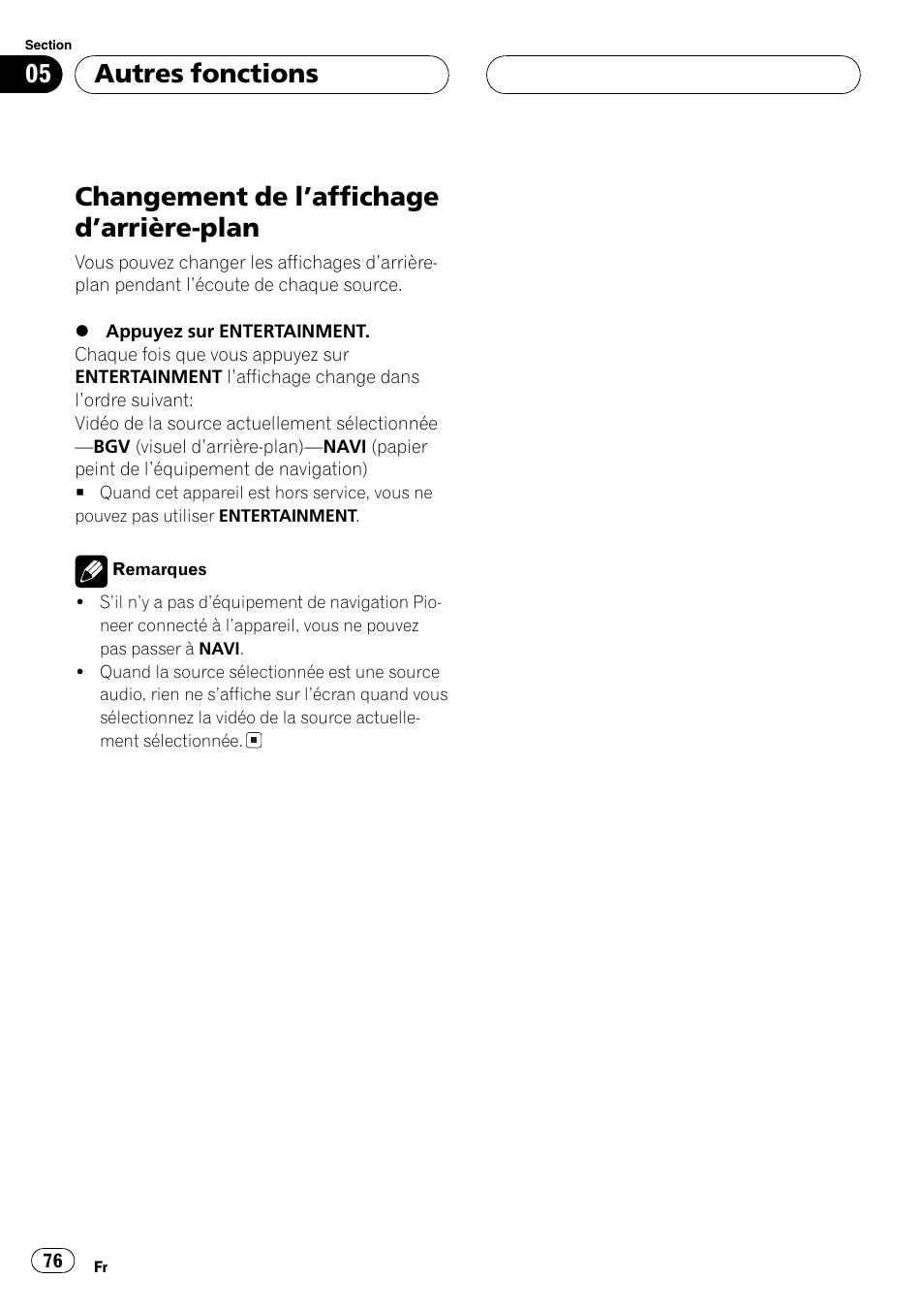 Changement de laffichage darrière, Plan 76, Changement de laffichage darrière-plan | Autres fonctions | Pioneer AVX-7600 User Manual | Page 76 / 120