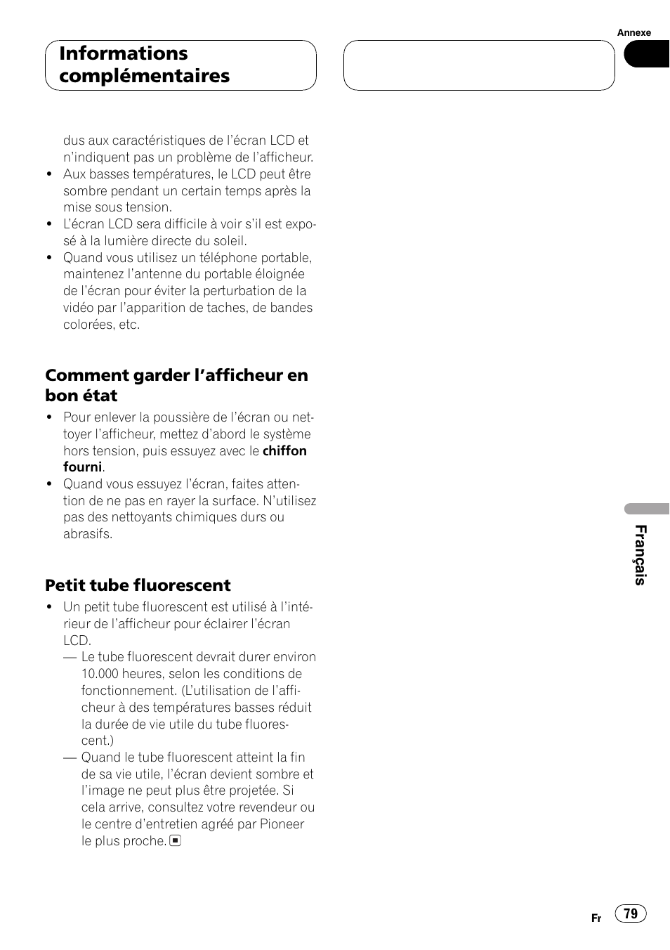 Informations complémentaires, Comment garder lafficheur en bon état, Petit tube fluorescent | Pioneer AVX-7600 User Manual | Page 79 / 120