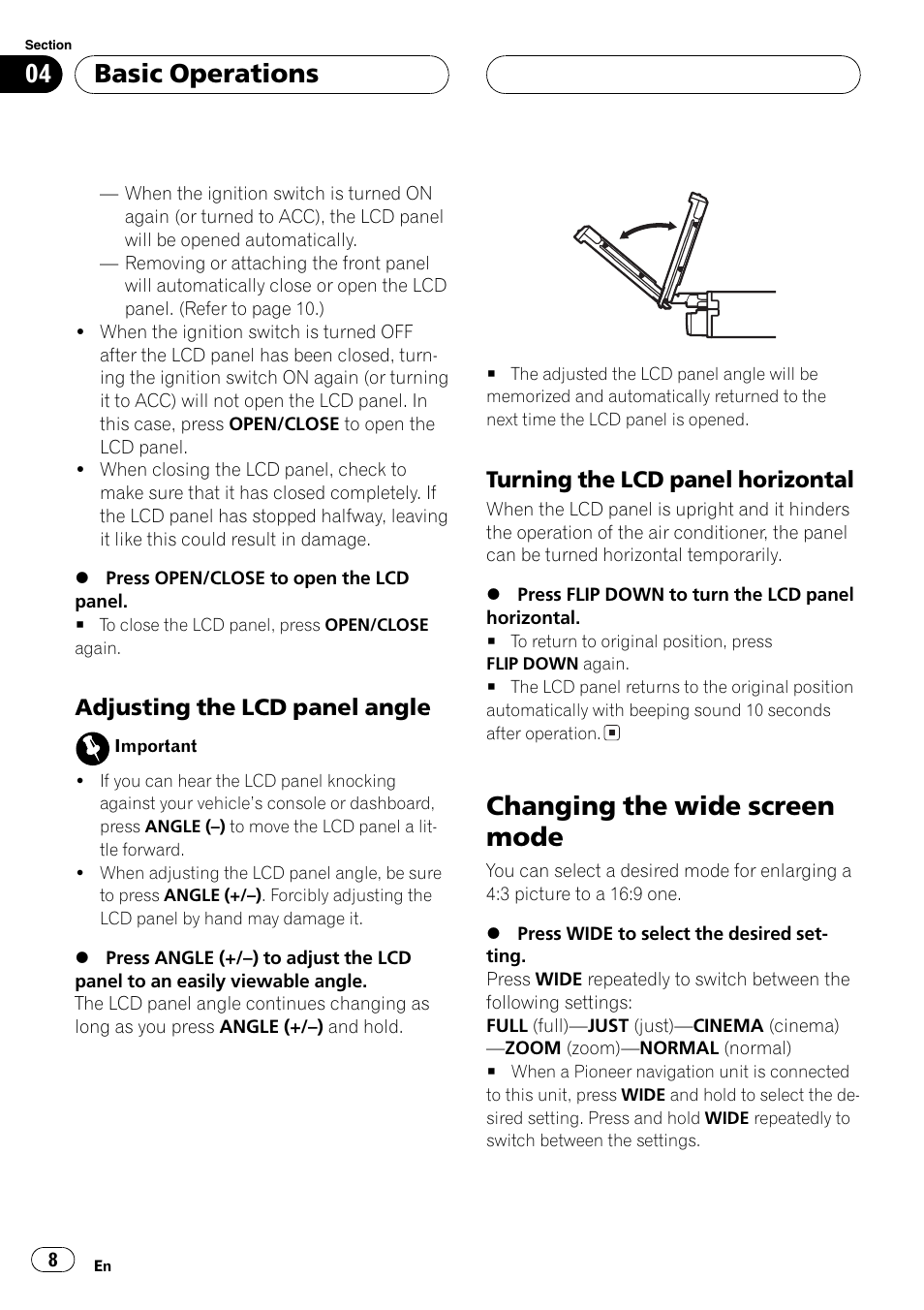 Changing the wide screen mode, Basic operations, Adjusting the lcd panel angle | Turning the lcd panel horizontal | Pioneer AVX-7600 User Manual | Page 8 / 120