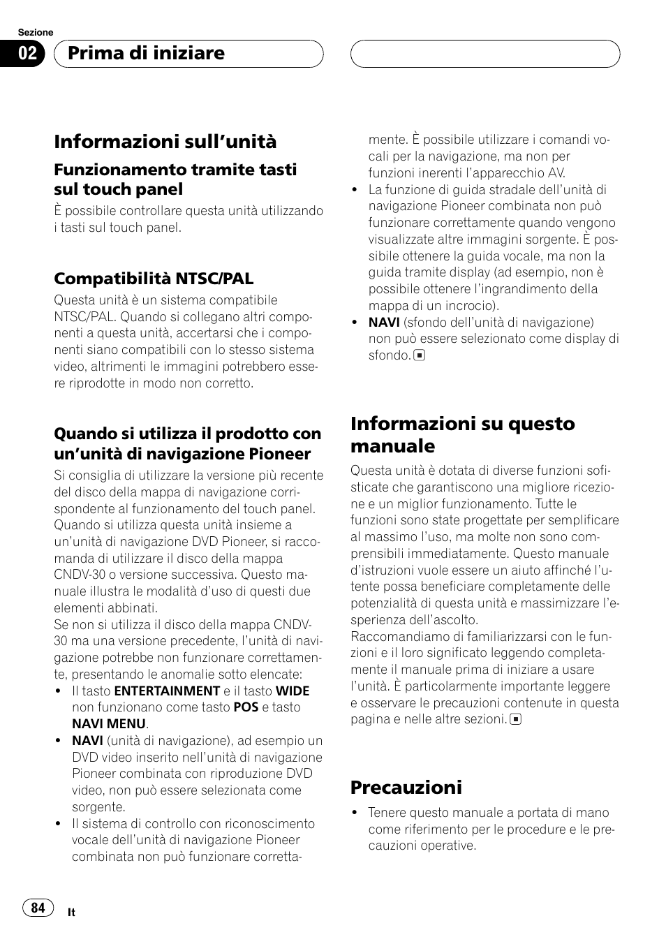 Prima di iniziare, Informazioni sullunità 84, Informazioni su questo manuale 84 | Precauzioni 84, Informazioni sullunità, Informazioni su questo manuale, Precauzioni | Pioneer AVX-7600 User Manual | Page 84 / 120