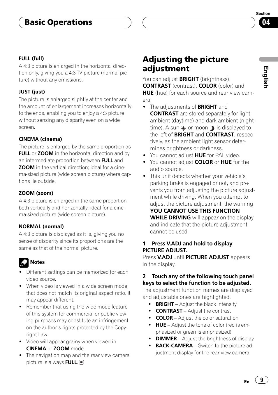 Adjusting the picture adjustment, Basic operations | Pioneer AVX-7600 User Manual | Page 9 / 120