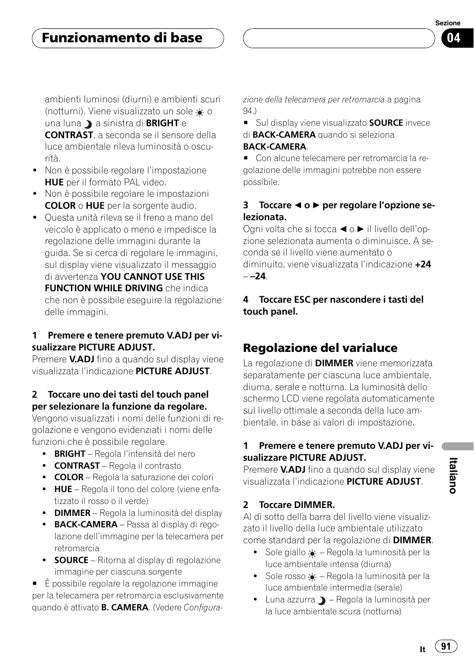 Funzionamento di base, Regolazione del varialuce | Pioneer AVX-7600 User Manual | Page 91 / 120