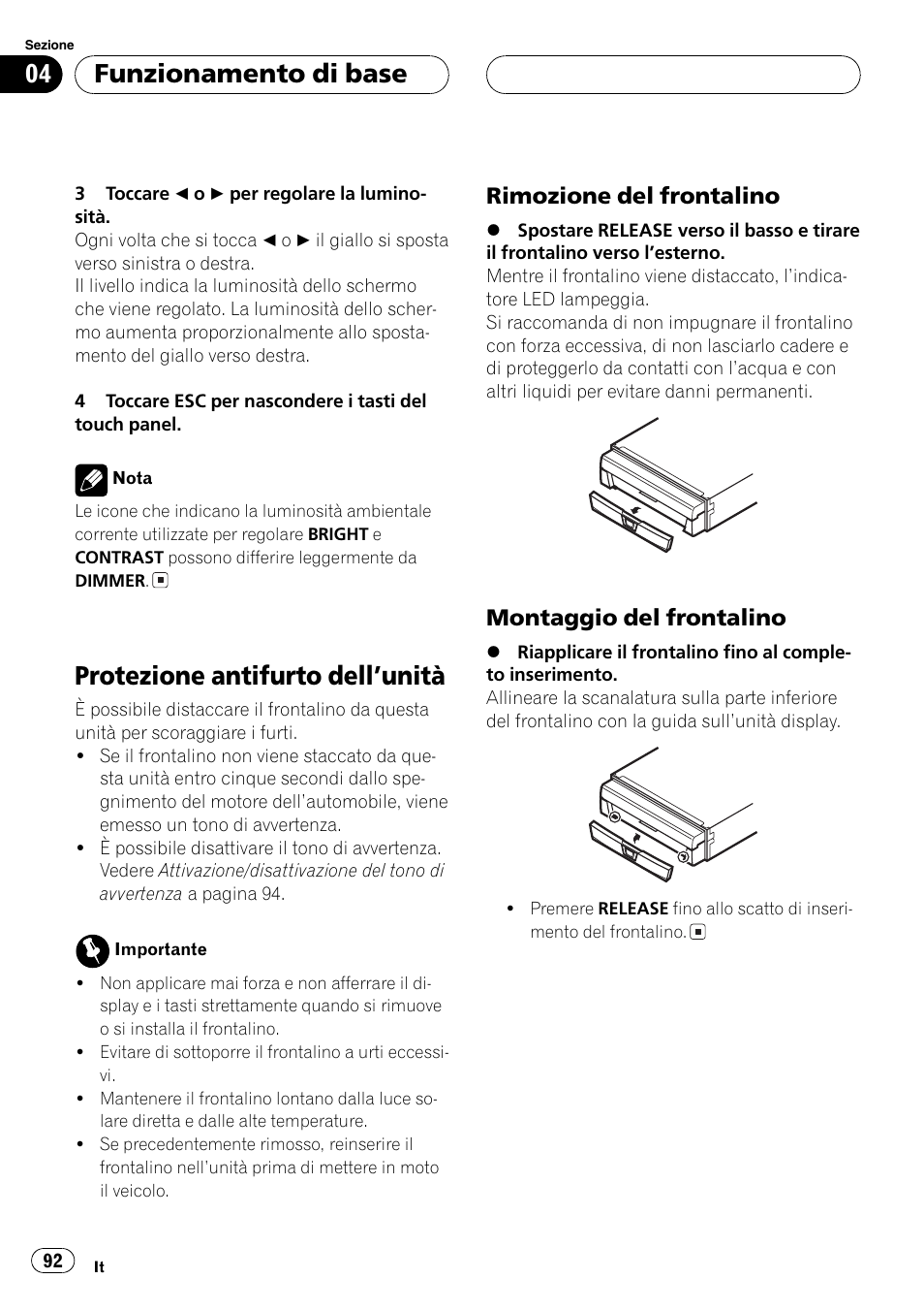 Protezione antifurto dellunità 92, Protezione antifurto dellunità, Funzionamento di base | Rimozione del frontalino, Montaggio del frontalino | Pioneer AVX-7600 User Manual | Page 92 / 120