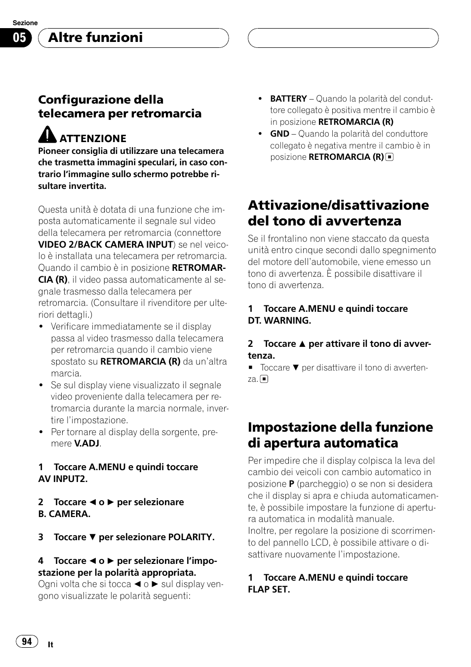 Attivazione/disattivazione del tono di, Avvertenza 94, Impostazione della funzione di apertura | Automatica 94, Attivazione/disattivazione del tono di avvertenza, Impostazione della funzione di apertura automatica, Altre funzioni | Pioneer AVX-7600 User Manual | Page 94 / 120