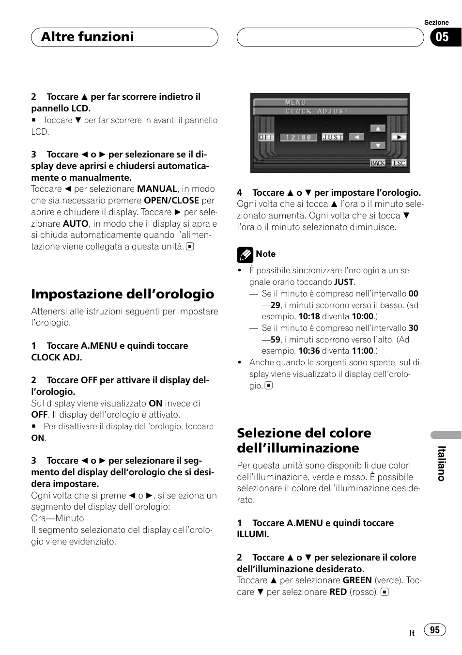 Impostazione dellorologio 95, Selezione del colore dellilluminazione 95, Impostazione dellorologio | Selezione del colore dellilluminazione, Altre funzioni | Pioneer AVX-7600 User Manual | Page 95 / 120