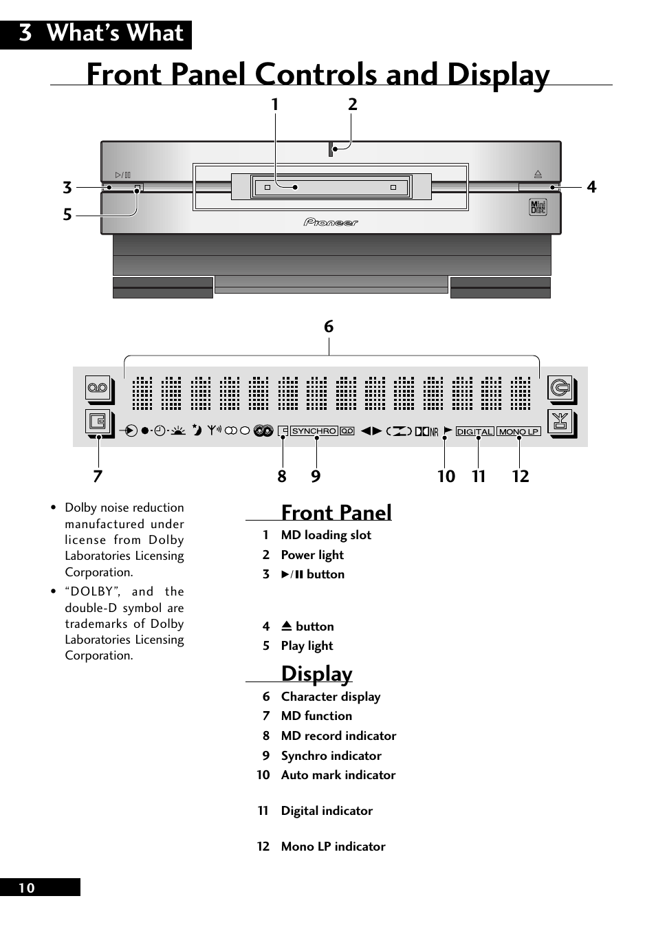 Front panel controls and display, 3 what’s what, Front panel | Display | Pioneer MJ-L77 User Manual | Page 10 / 36