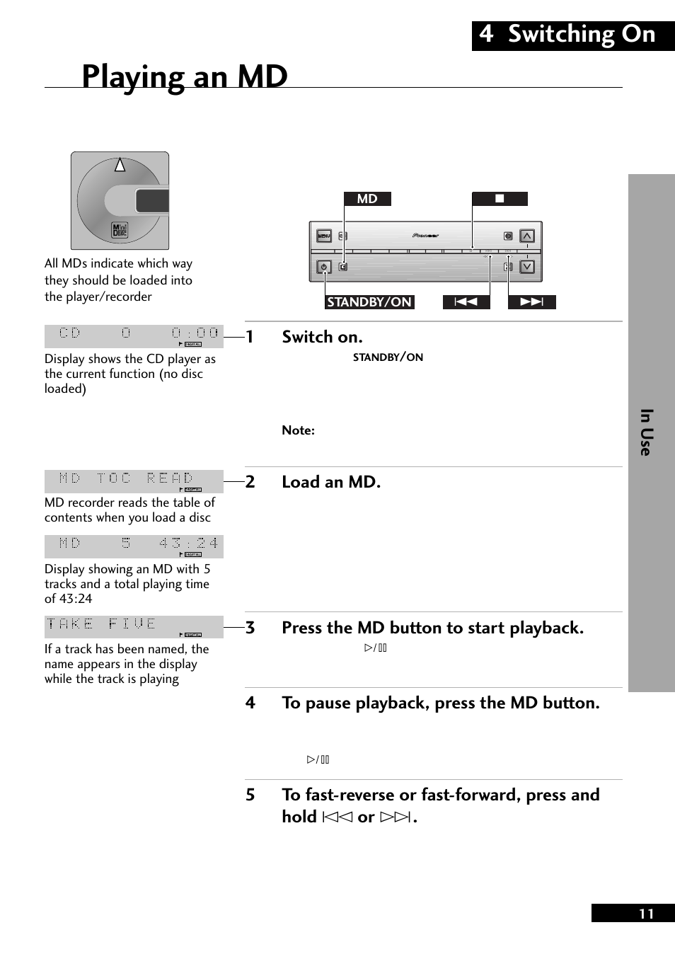 Playing an md, 4 switching on, 2load an md | 3press the md button to start playback, 4to pause playback, press the md button | Pioneer MJ-L77 User Manual | Page 11 / 36