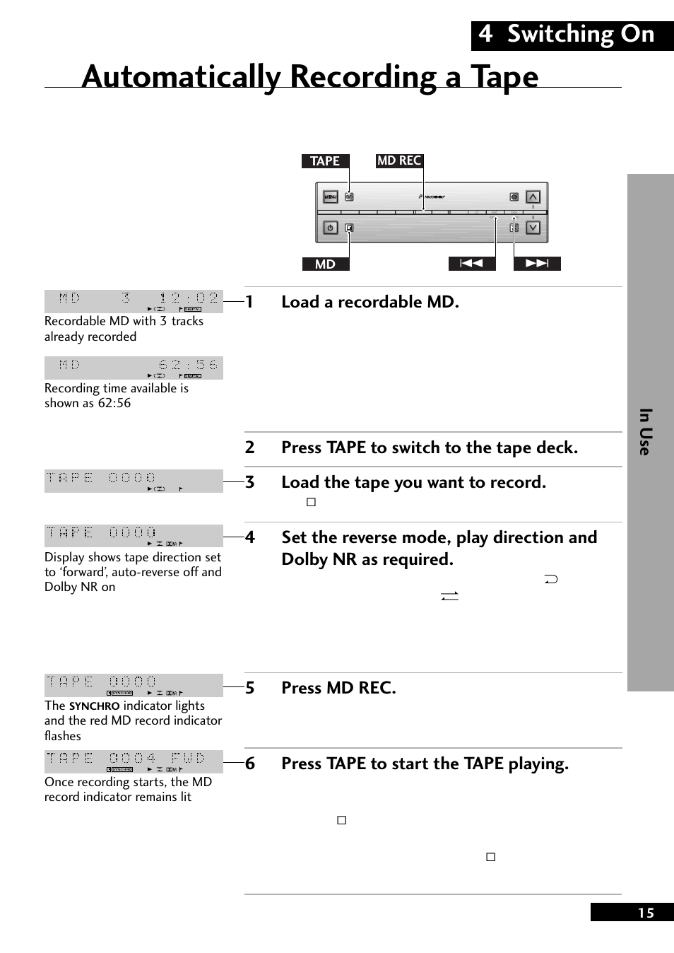 Automatically recording a tape, 4 switching on, 1load a recordable md | 5press md rec, 6press tape to start the tape playing | Pioneer MJ-L77 User Manual | Page 15 / 36