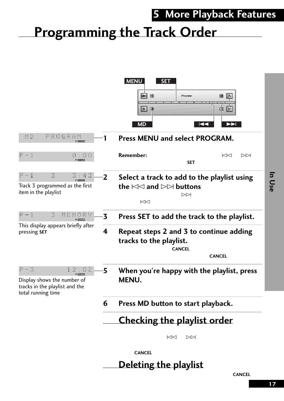 Programming the track order, 5 more playback features, Checking the playlist order | Deleting the playlist, 1press menu and select program, 5when you're happy with the playlist, press menu, 6press md button to start playback | Pioneer MJ-L77 User Manual | Page 17 / 36