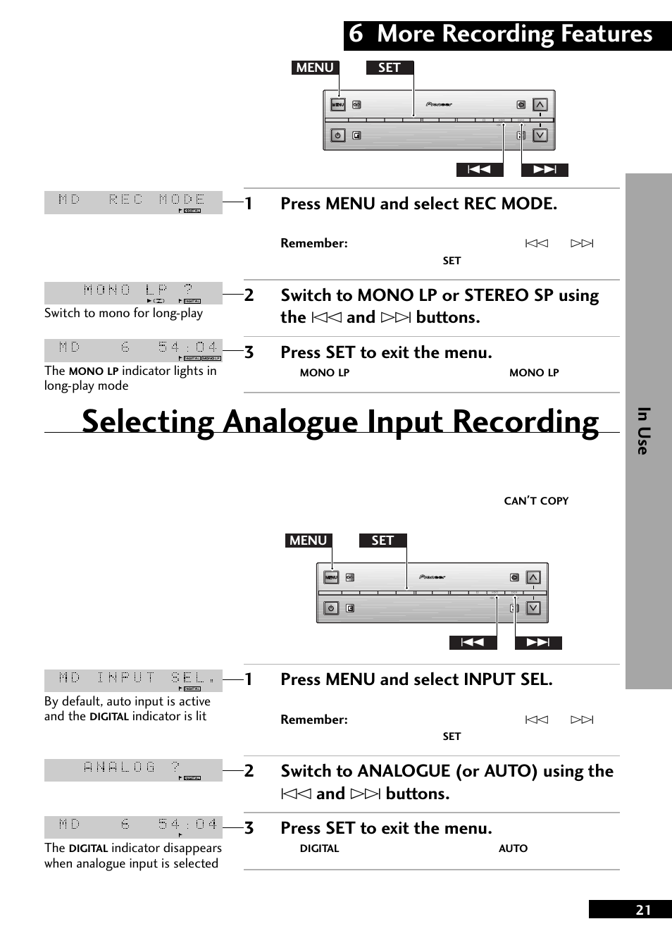 Selecting analogue input recording, 6 more recording features, 1press menu and select rec mode | Indicator in the display lights when, Is selected, Menu set 4, Menu set 4 ¢ the, Indicator is lit the | Pioneer MJ-L77 User Manual | Page 21 / 36