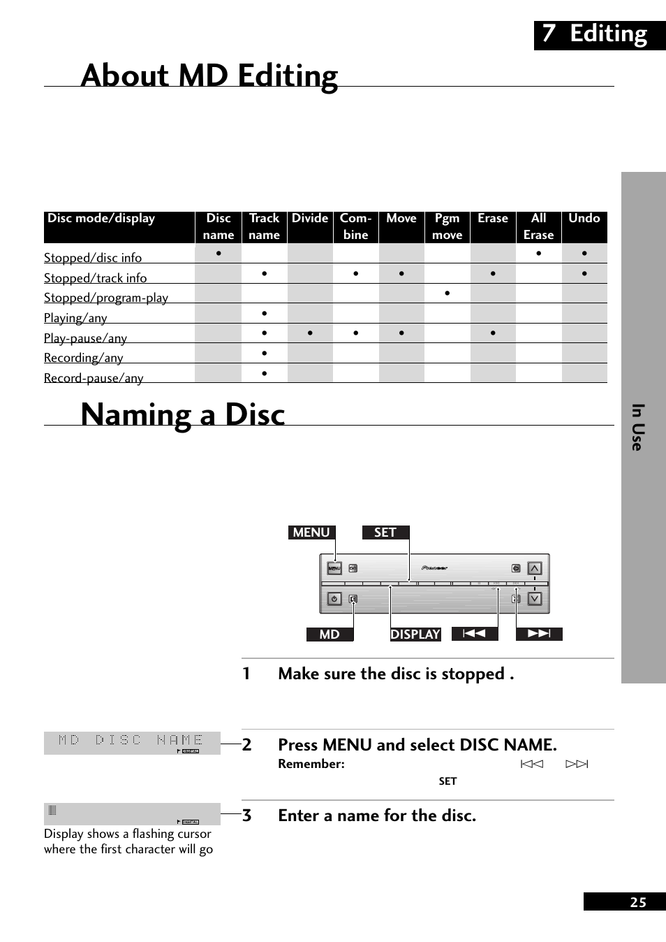 About md editing naming a disc, About md editing, Naming a disc | 7 editing, 1make sure the disc is stopped, 2press menu and select disc name, 3enter a name for the disc | Pioneer MJ-L77 User Manual | Page 25 / 36