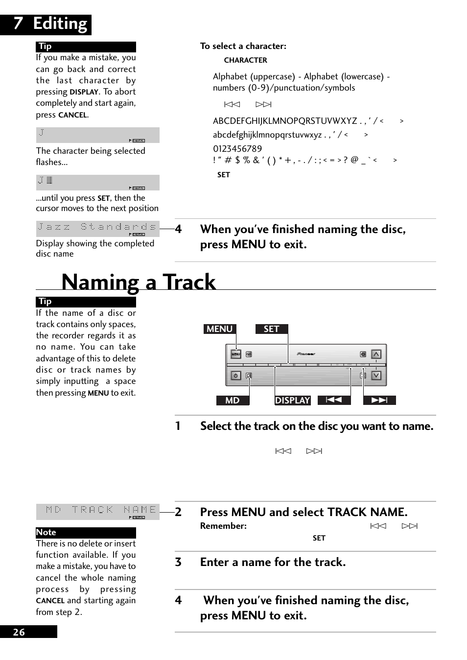 Naming a track, 7 editing, 1select the track on the disc you want to name | 2press menu and select track name, 3enter a name for the track | Pioneer MJ-L77 User Manual | Page 26 / 36