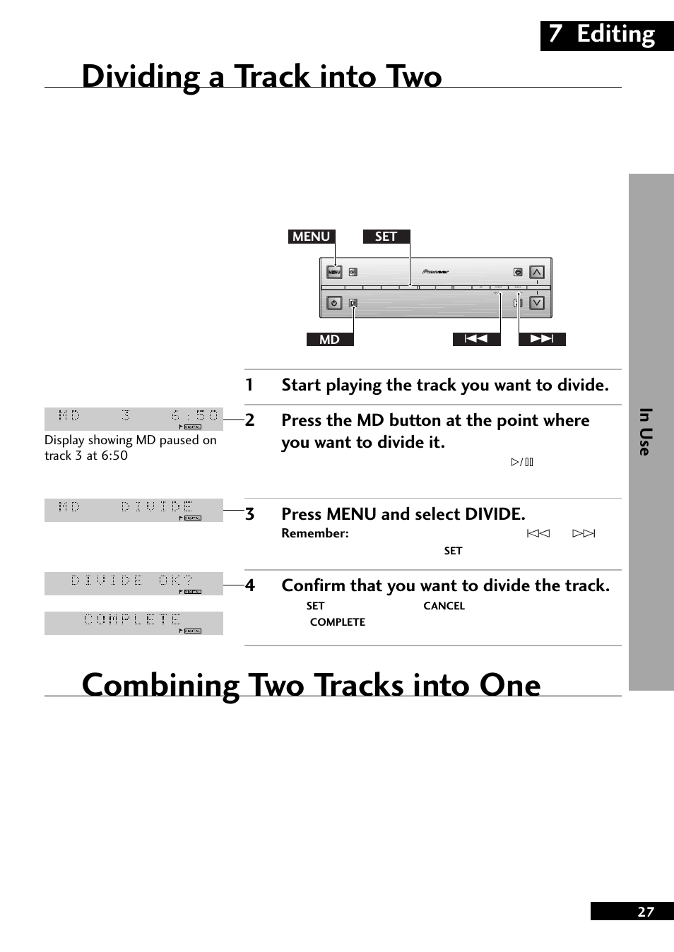 Dividing a track into two, Combining two tracks into one, 7 editing | 3press menu and select divide, 4confirm that you want to divide the track | Pioneer MJ-L77 User Manual | Page 27 / 36