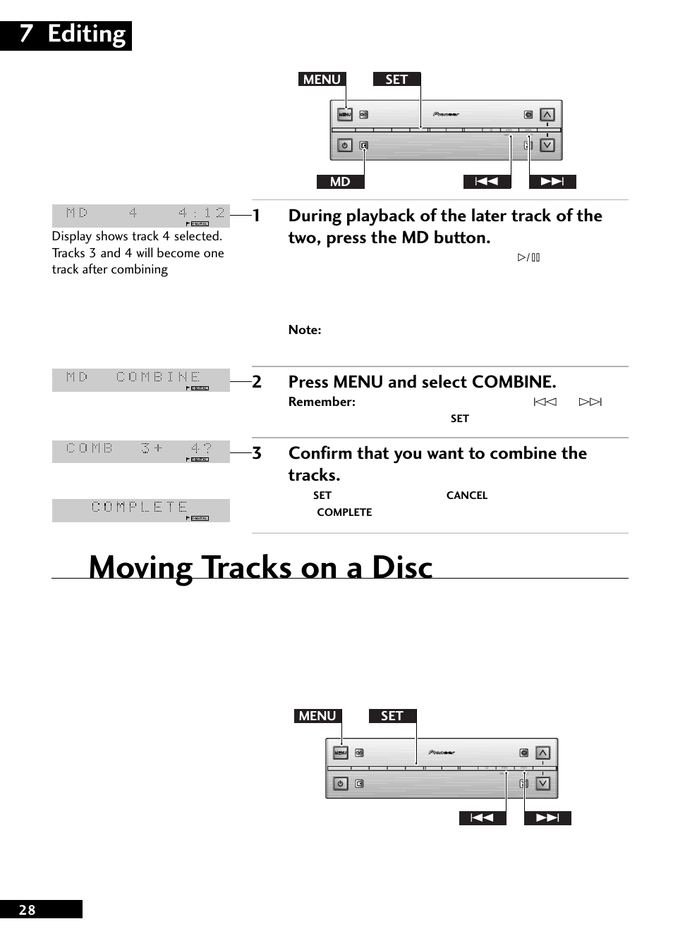 Moving tracks on a disc, 7 editing, 2press menu and select combine | 3confirm that you want to combine the tracks, Menu set 4, Press, Once the edit has been made | Pioneer MJ-L77 User Manual | Page 28 / 36