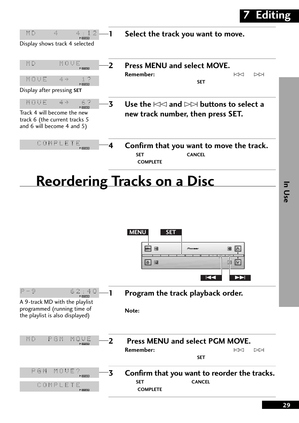 Reordering tracks on a disc, 7 editing, 2press menu and select move | 4confirm that you want to move the track, 1program the track playback order, 2press menu and select pgm move, 3confirm that you want to reorder the tracks | Pioneer MJ-L77 User Manual | Page 29 / 36