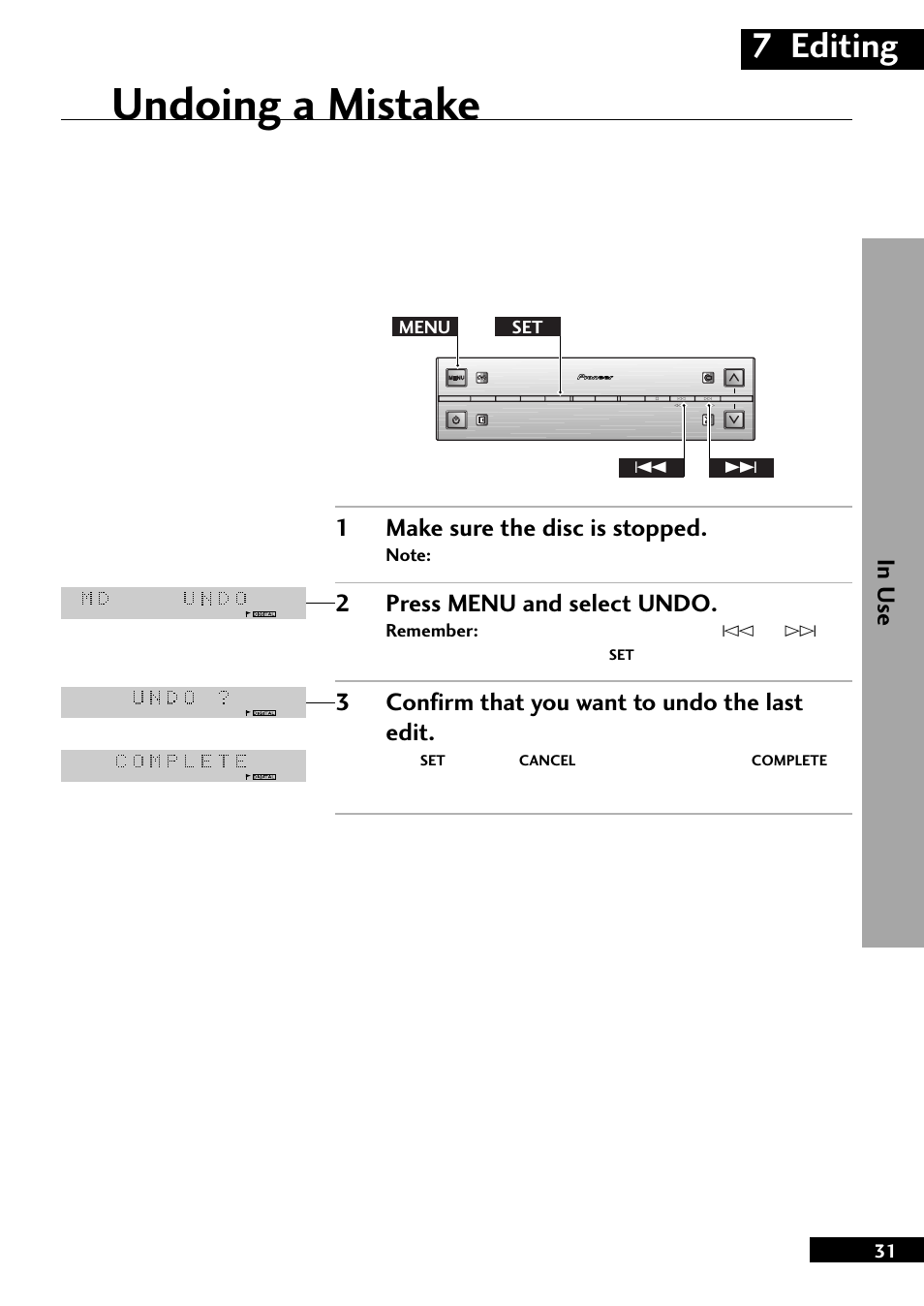 Undoing a mistake, 7 editing, 1make sure the disc is stopped | 2press menu and select undo, 3confirm that you want to undo the last edit, Press, Once the undo is complete, Menu set 4 | Pioneer MJ-L77 User Manual | Page 31 / 36