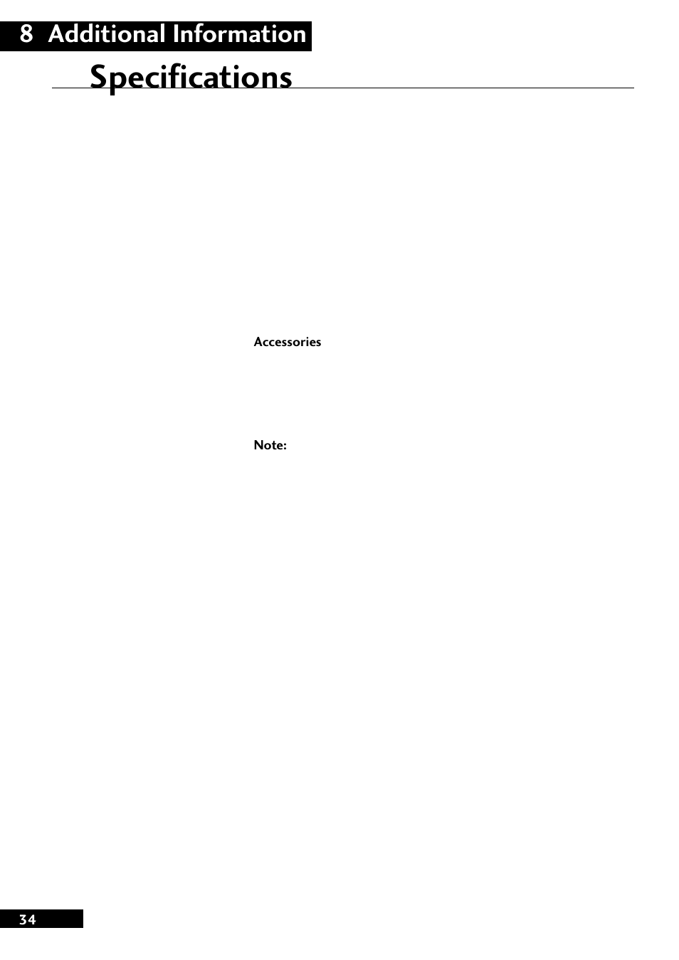 Specifications, 8 additional information | Pioneer MJ-L77 User Manual | Page 34 / 36