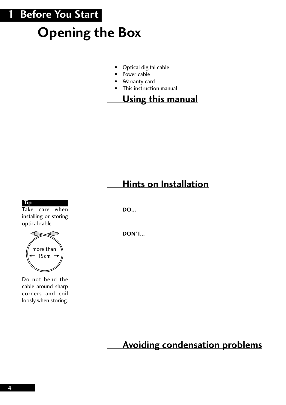 Opening the box, 1 before you start, Using this manual | Hints on installation, Avoiding condensation problems | Pioneer MJ-L77 User Manual | Page 4 / 36