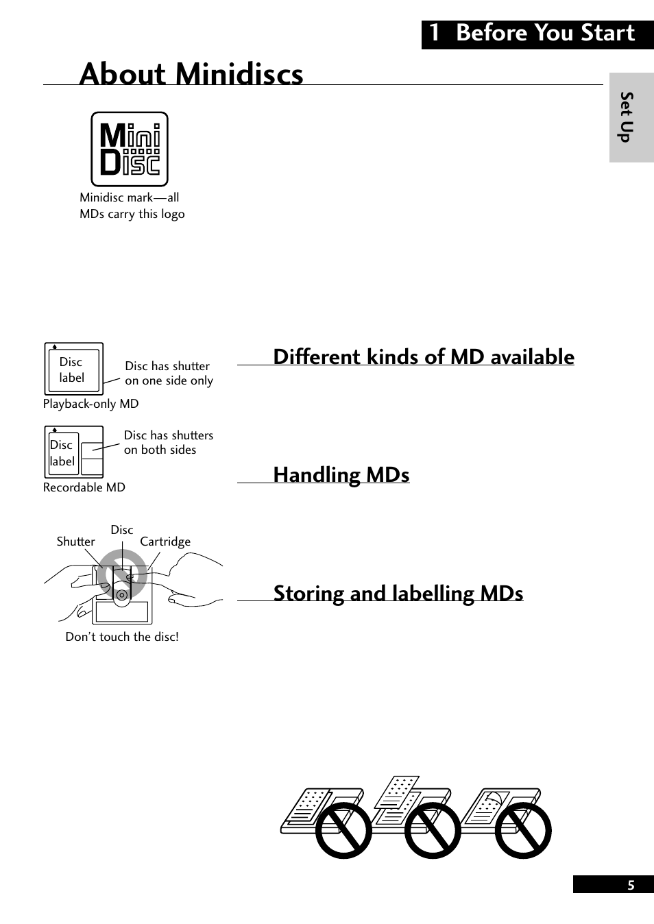 About minidiscs, 1 before you start, Different kinds of md available | Handling mds, Storing and labelling mds | Pioneer MJ-L77 User Manual | Page 5 / 36