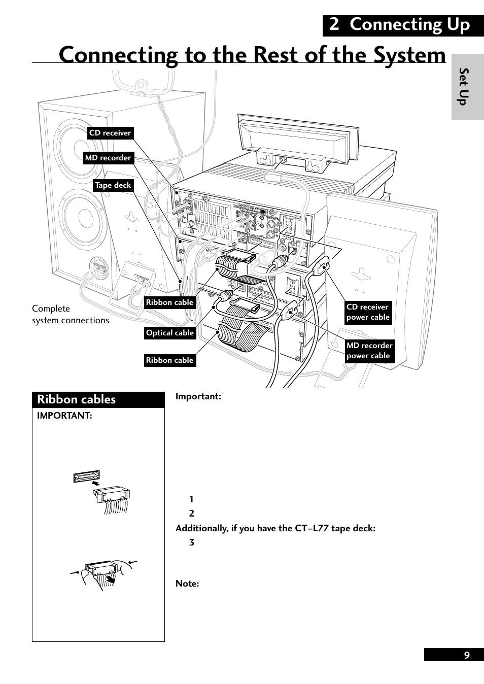 Connecting to the rest of the system, 2 connecting up, Se t up | Ribbon cables | Pioneer MJ-L77 User Manual | Page 9 / 36