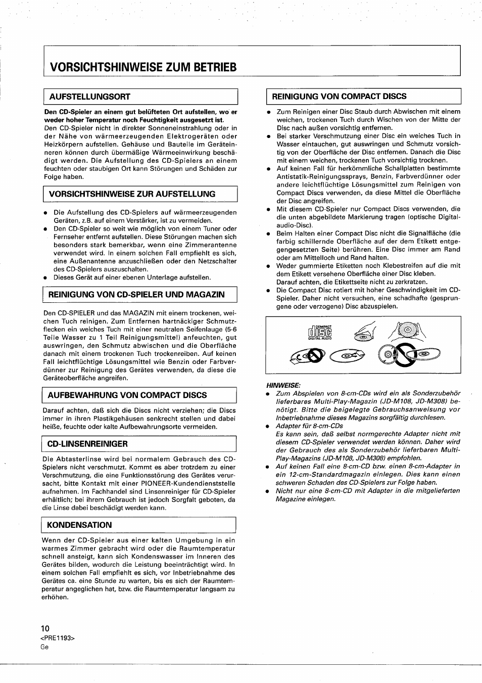 Aufstellungsort, Kondensation, Reinigung von compact discs | Pioneer PD-M603 User Manual | Page 10 / 69