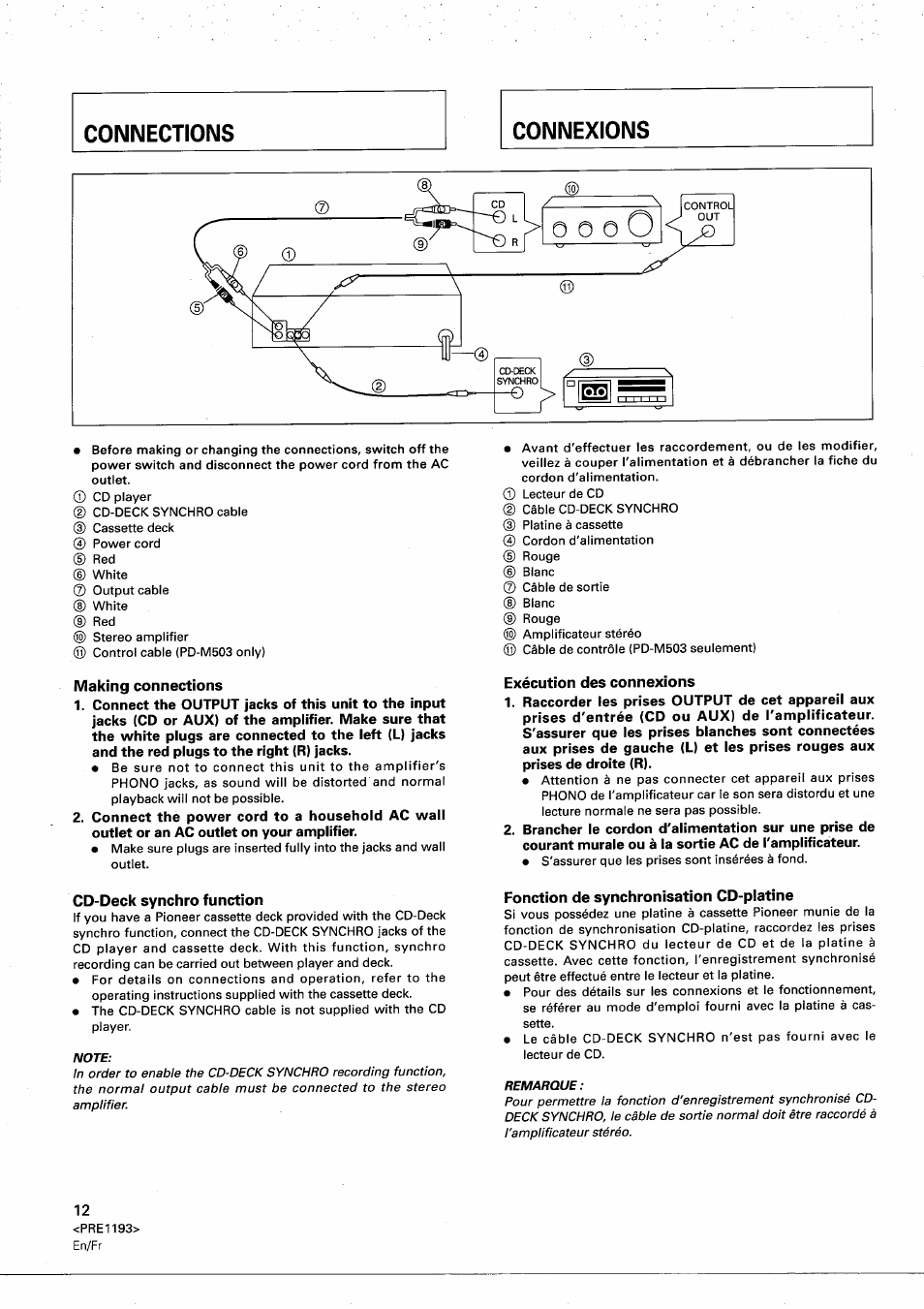 Making connections, Exécution des connexions, Cd-deck synchro function | Fonction de synchronisation cd-platine | Pioneer PD-M603 User Manual | Page 12 / 69