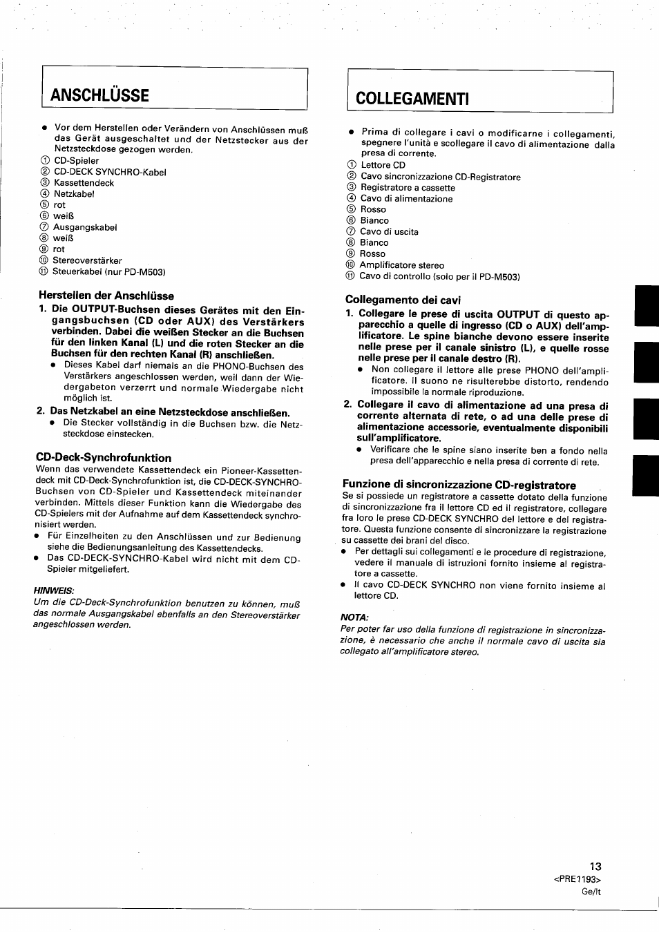 Herstellen der anschlüsse, Cd-deck-synchrofunktion, Collegamento dei cavi | Funzione di sincronizzazione cd-registratore, Ii i | Pioneer PD-M603 User Manual | Page 13 / 69