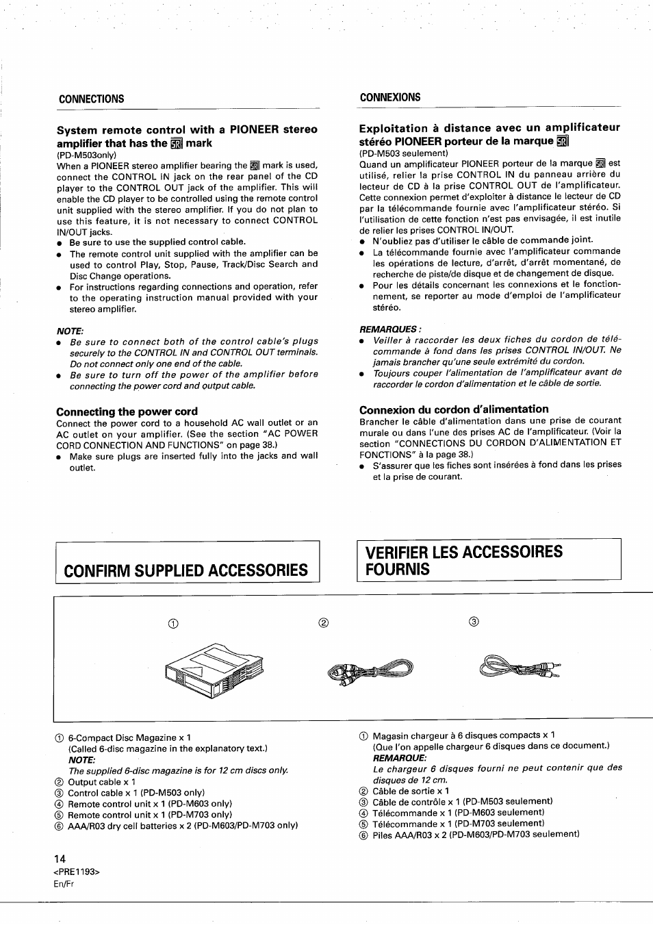 Connecting the power cord, Connexion du cordon d'alimentation | Pioneer PD-M603 User Manual | Page 14 / 69