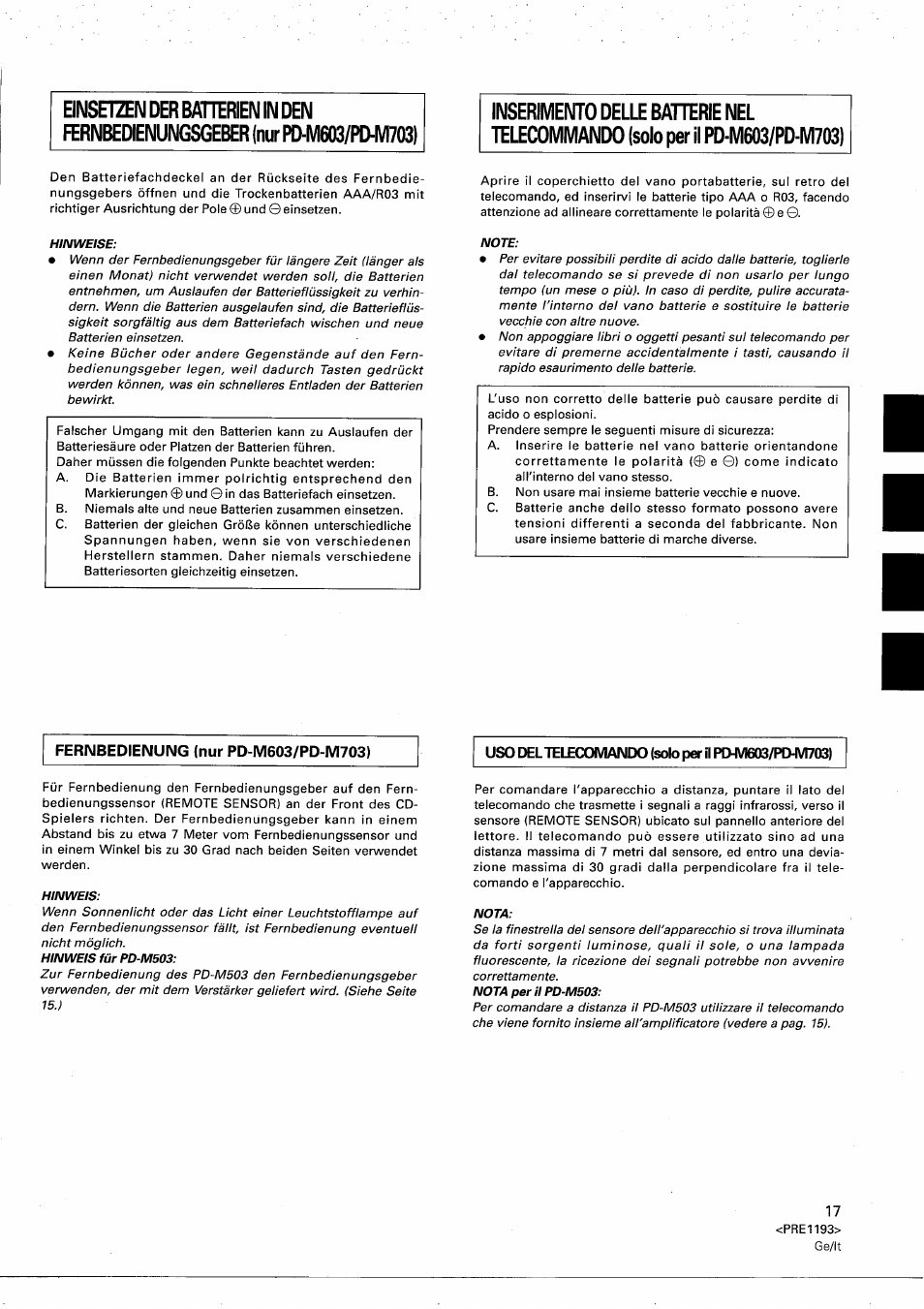 Fernbedienung (nur pd-m603/pd-m703), Uso del tel£comando (solo per il pd-m603/pdhvi703) | Pioneer PD-M603 User Manual | Page 17 / 69