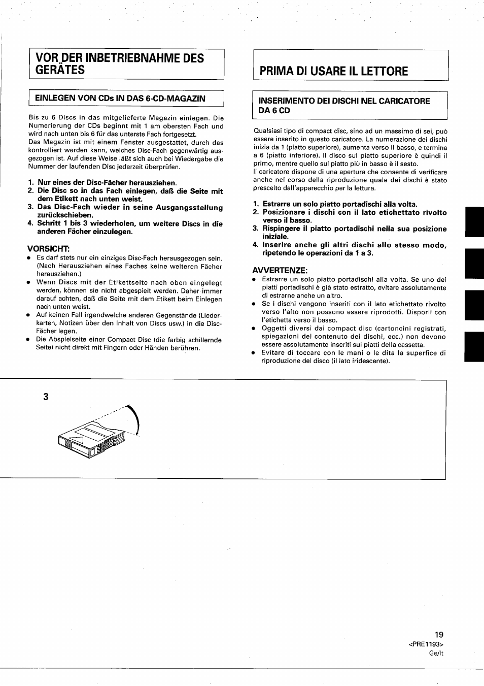 Vorsicht, Avvertenze | Pioneer PD-M603 User Manual | Page 19 / 69