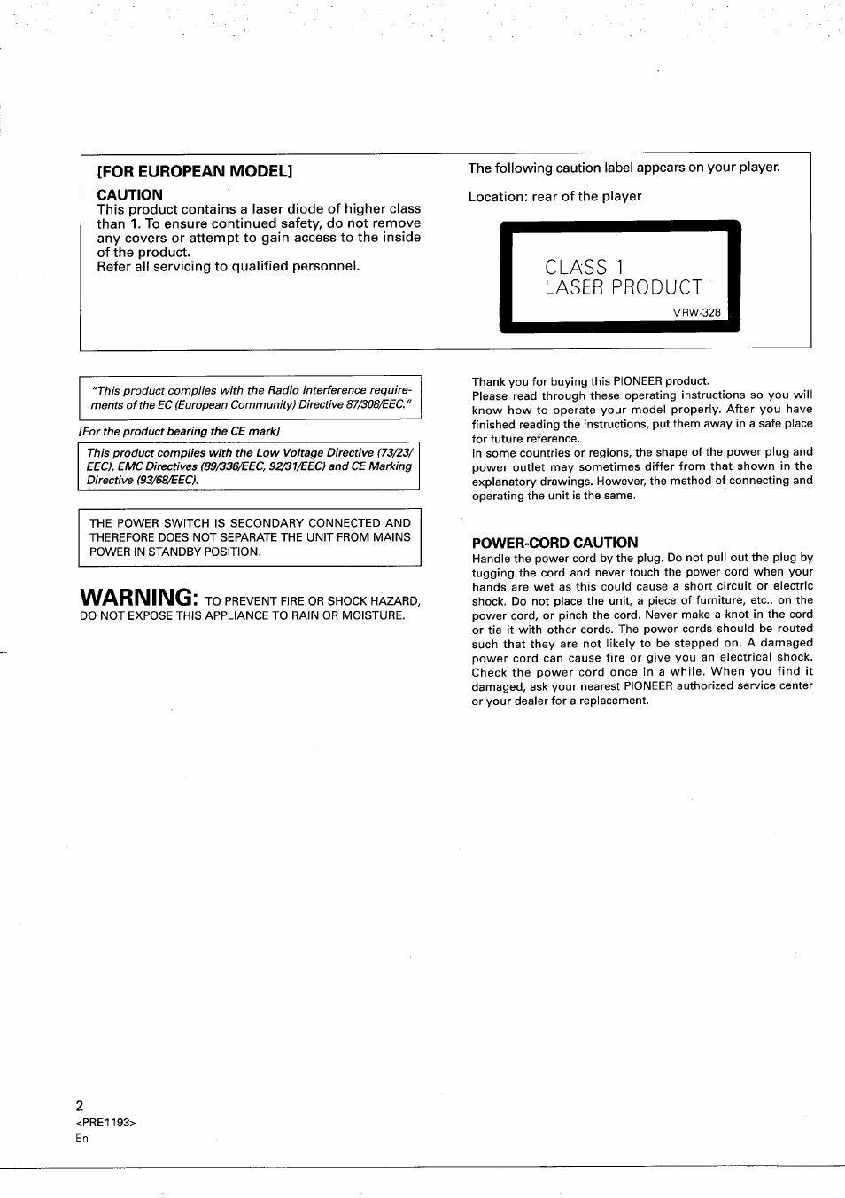 Caution, Fl ass 1, Power-cord caution | For european model, Warnilmgl, Fl ass 1 laser product | Pioneer PD-M603 User Manual | Page 2 / 69