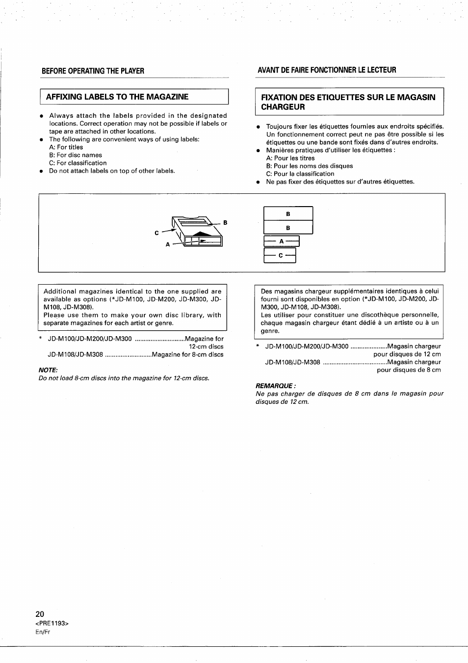 Avant de faire fonctionner le lecteur, Affixing labels to the magazine, Fixation des etiquettes sur le magasin chargeur | Pioneer PD-M603 User Manual | Page 20 / 69
