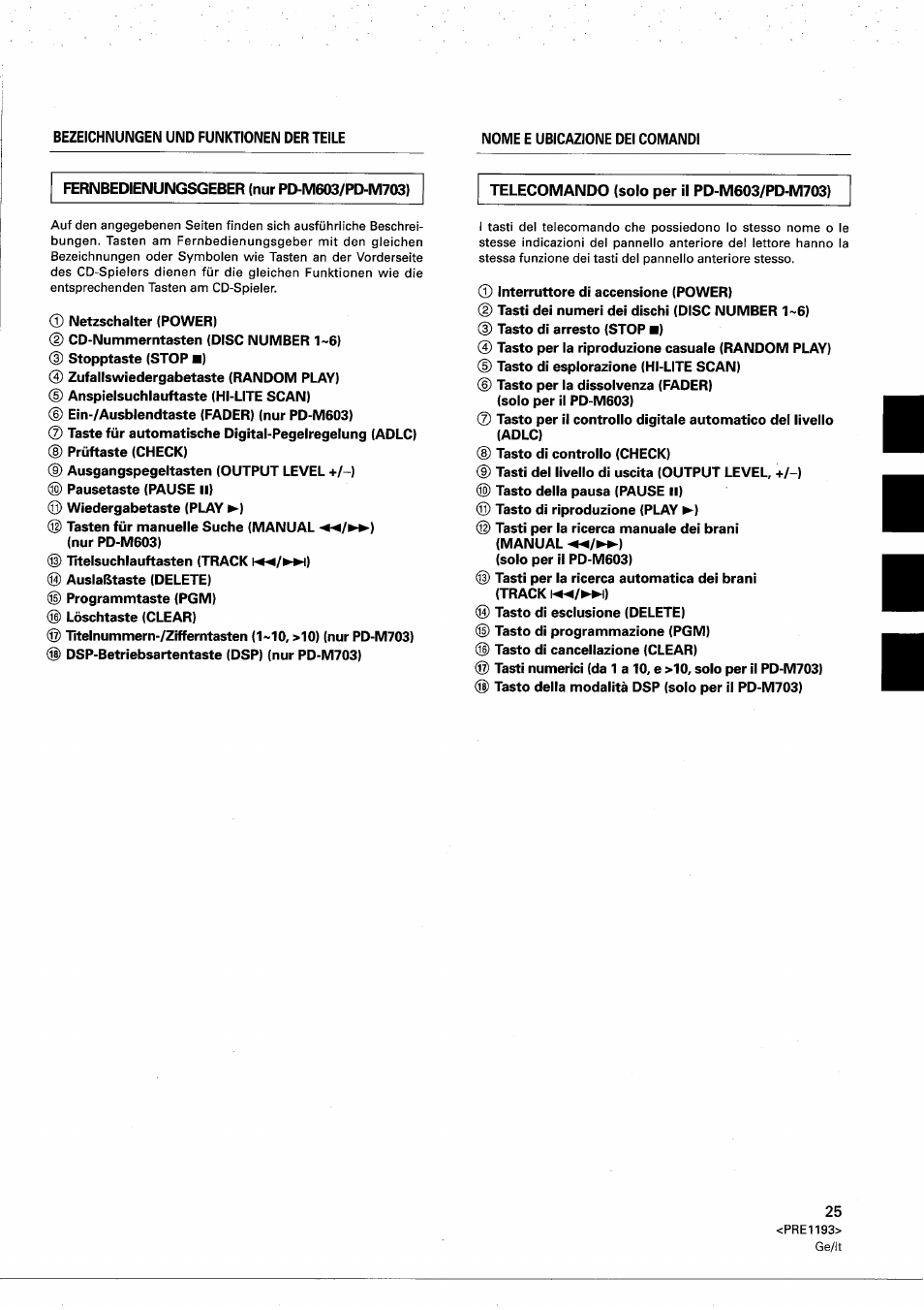 Fernbedienungsgeber (nur pd-m603/pd-m703), Telecomando (solo per il pd-m603/pd-m703) | Pioneer PD-M603 User Manual | Page 25 / 69