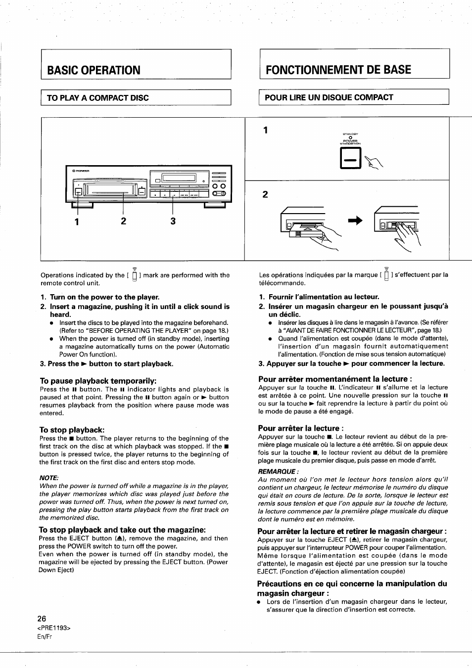 То play а compact disc, Pour lire un disque compact, To pause playback temporarily | To stop playback, To stop playback and take out the magazine, Pour arrêter momentanément la lecture, Pour arrêter la lecture, To play a compact disc, En/fr | Pioneer PD-M603 User Manual | Page 26 / 69