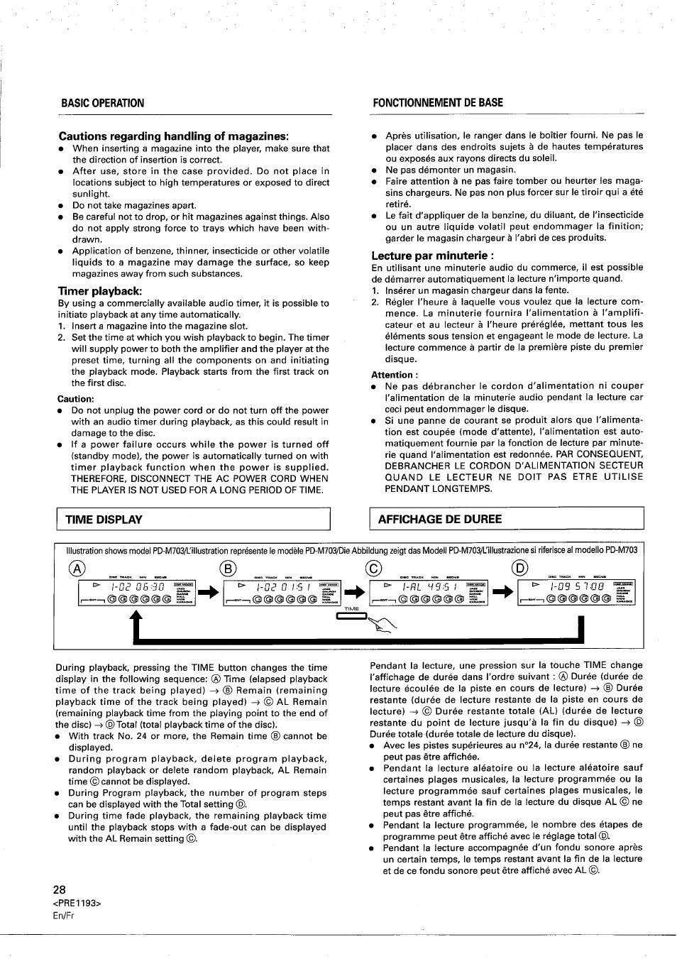 Cautions regarding handling of magazines, Timer playback, Lecture par minuterie | Time display, Affichage de duree, Wg.'s | Pioneer PD-M603 User Manual | Page 28 / 69