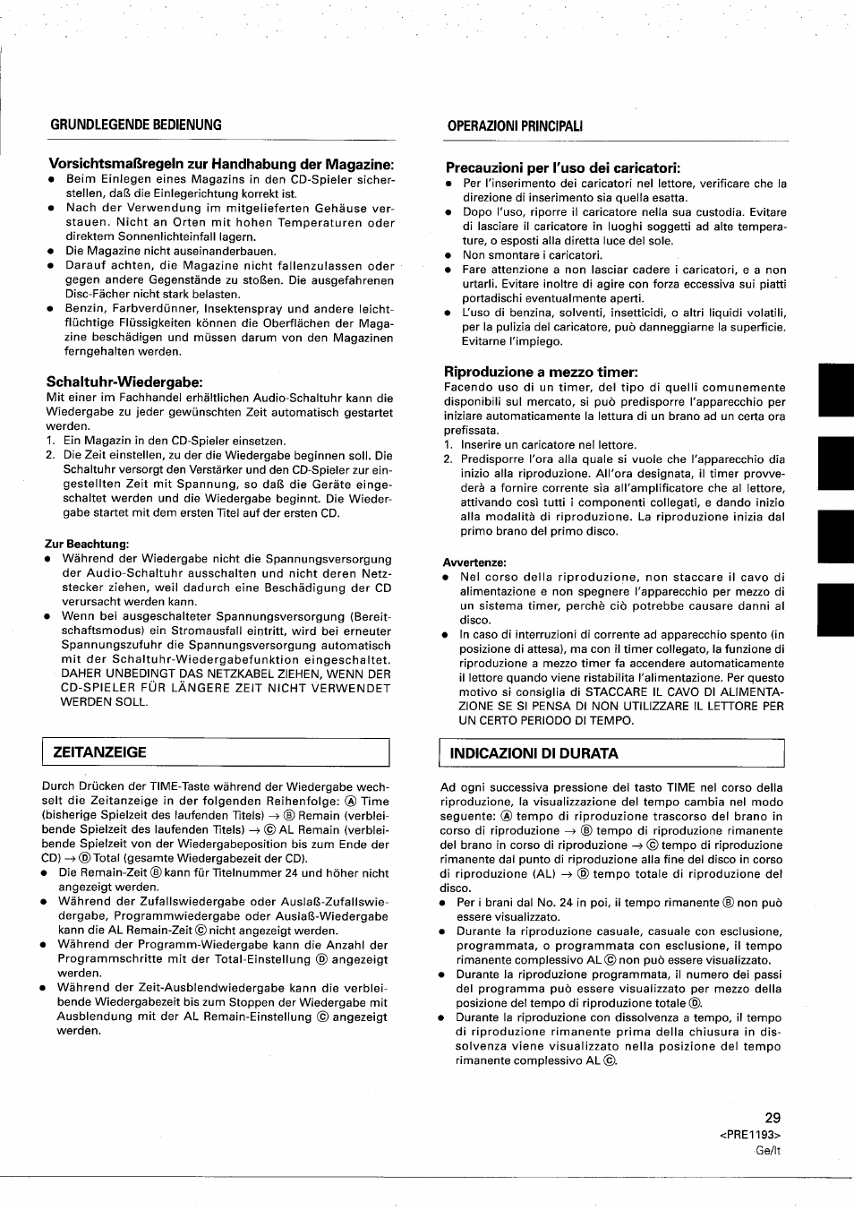 Vorsichtsmaßregeln zur handhabung der magazine, Schaltuhr-wiedergabe, Precauzioni per l'uso dei caricatori | Riproduzione a mezzo timer, Zeitanzeige, Indicazioni di durata | Pioneer PD-M603 User Manual | Page 29 / 69