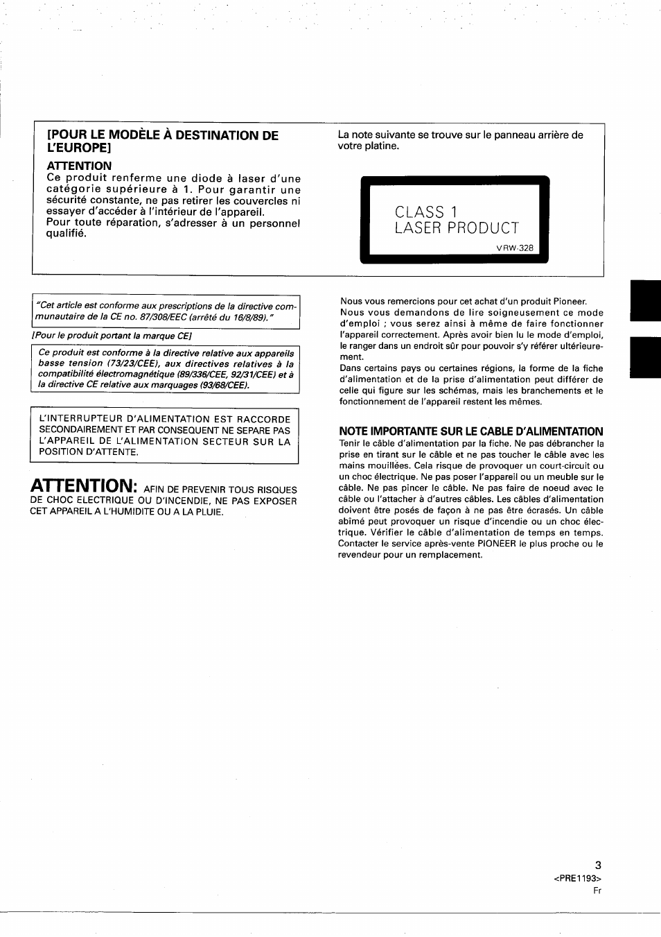 Attention, Г1 ass 1, Note importante sur le cable d'alimentation | Pour le modele a destination de l'europe, Г1 ass 1 laser product | Pioneer PD-M603 User Manual | Page 3 / 69